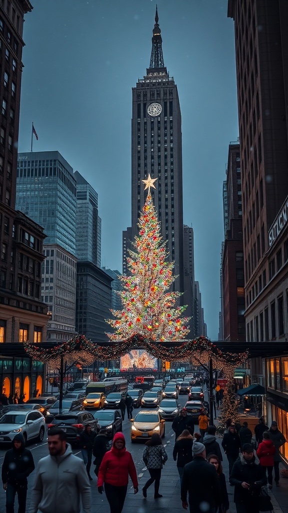 New York City Christmas scene with Rockefeller Center tree, snow, and festive lights.